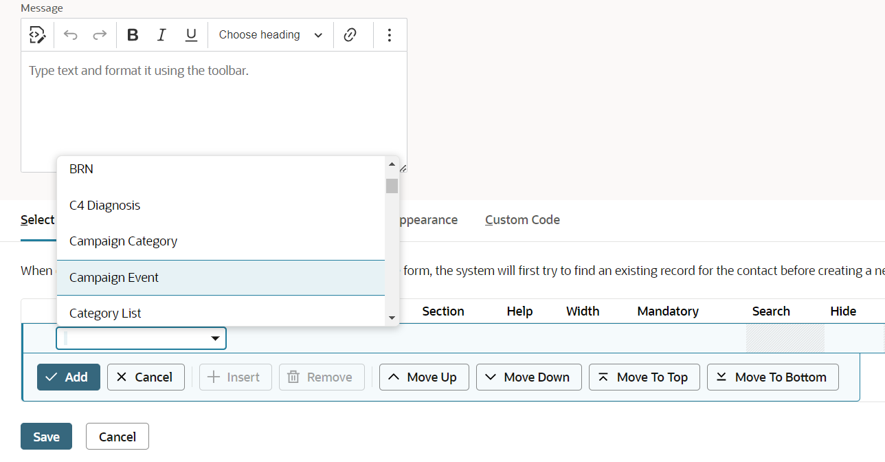 Screenshot of a portion of the Select Fields subtab and fields in the Field column
