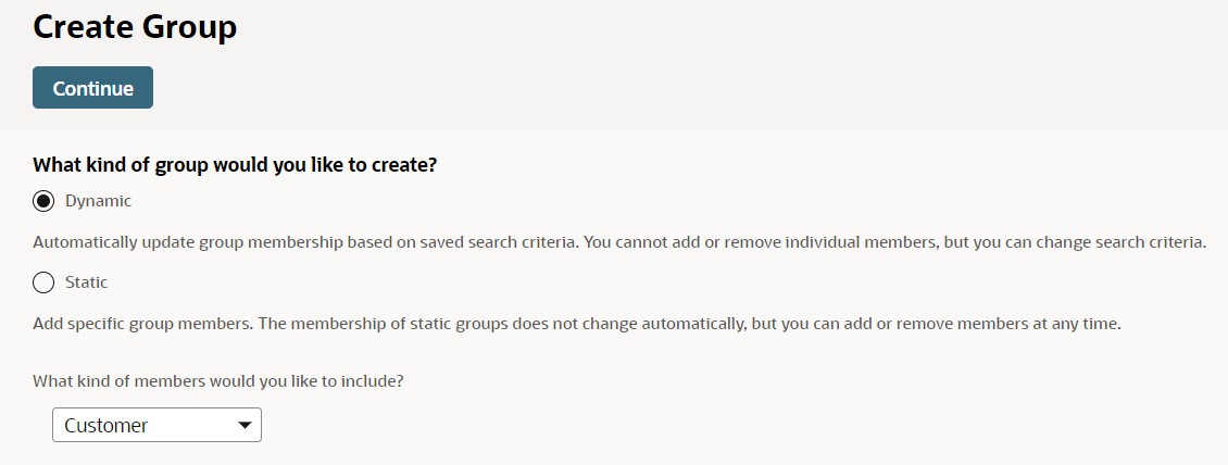 The Create Group page with the Dynamic group selected.