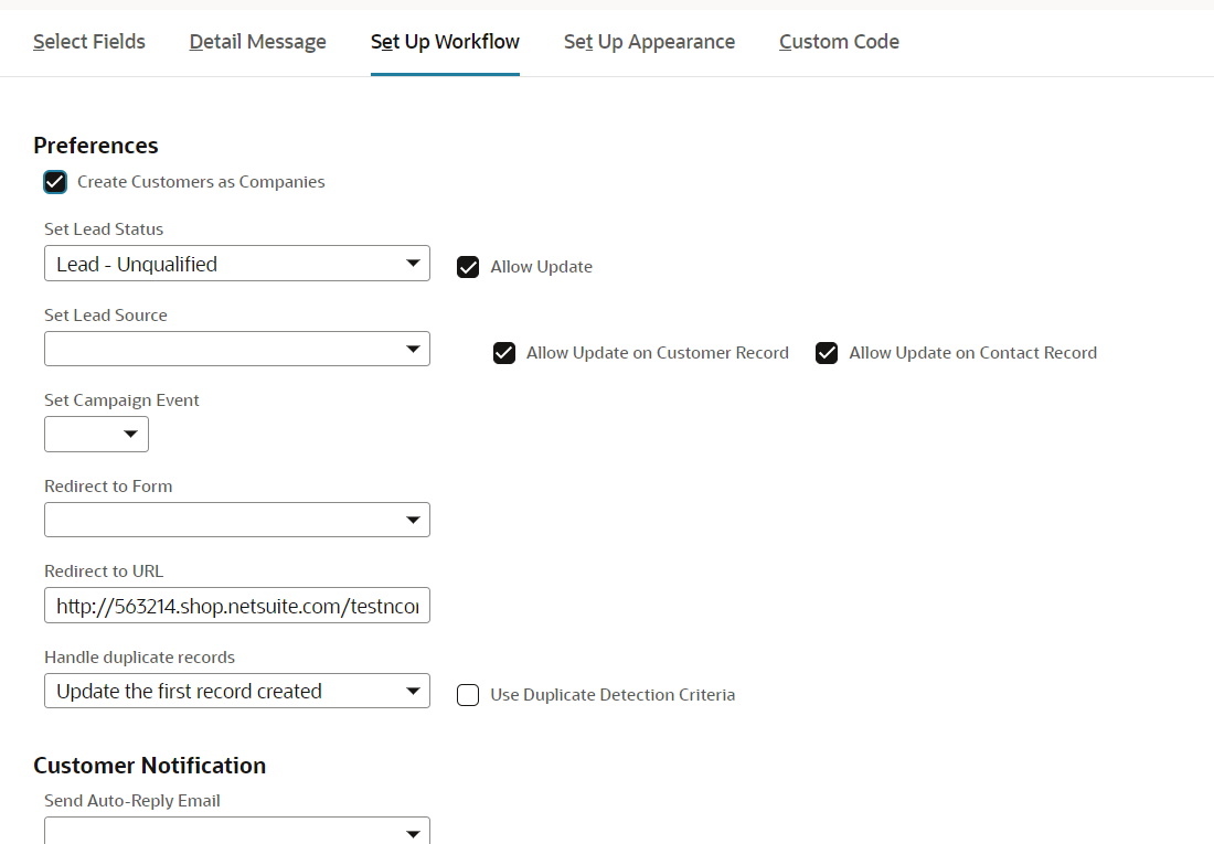Screenshot of a portion of the Set Up Workflow subtab with the Create Customers as Companies box checked and outlined
