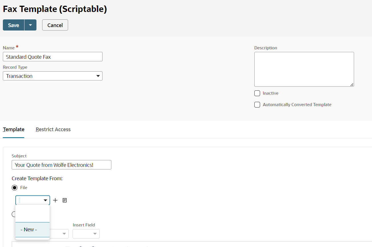 Screenshot of a portion of the Fax Template (Scriptable) page and its Template subtab