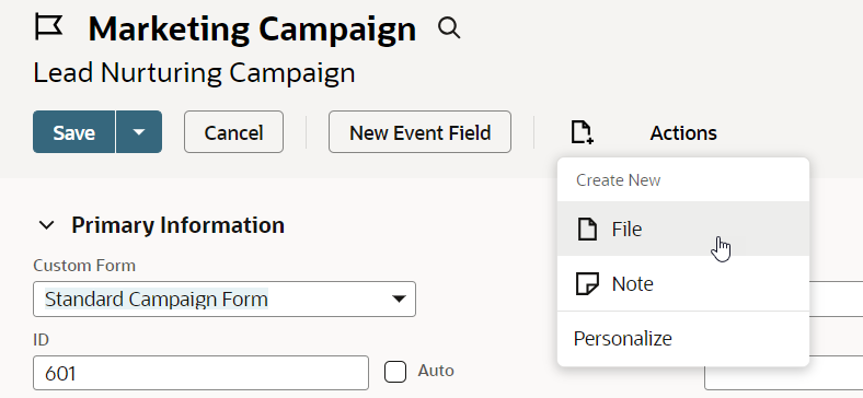 A portion of a campaign record page showing File selected from the Create New menu.