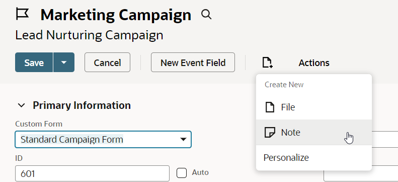 A portion of a campaign record page showing Note selected from the Create New menu.