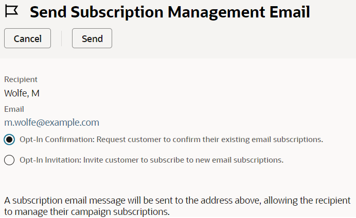 Screenshot of Send Subscription Management Email prompt