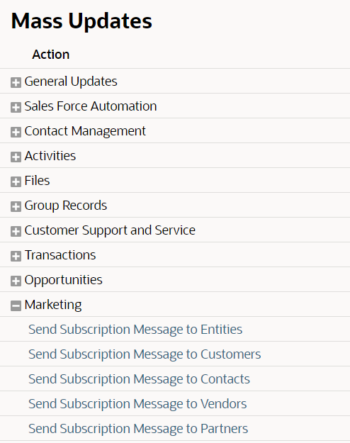 Screenshot of Mass Updates page with Marketing expanded to show subscription message options