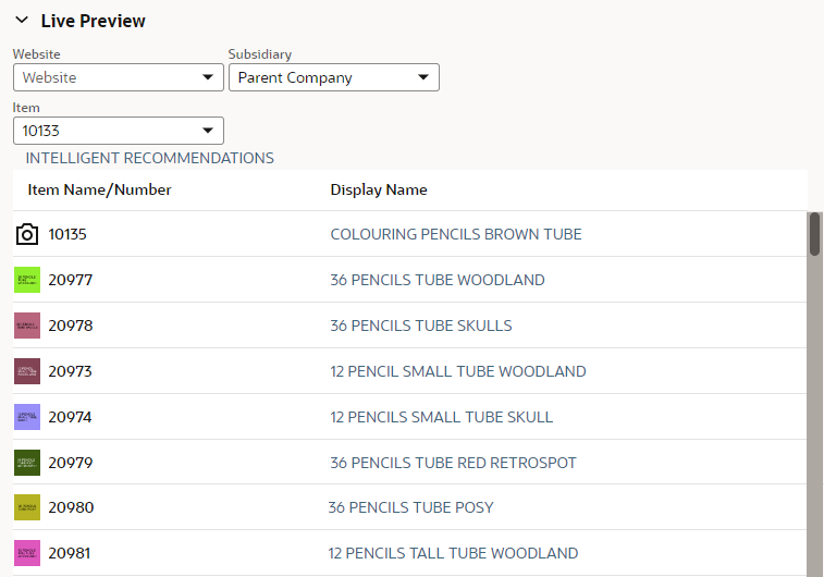 Live preview of intelligent item recommendations and blocked items