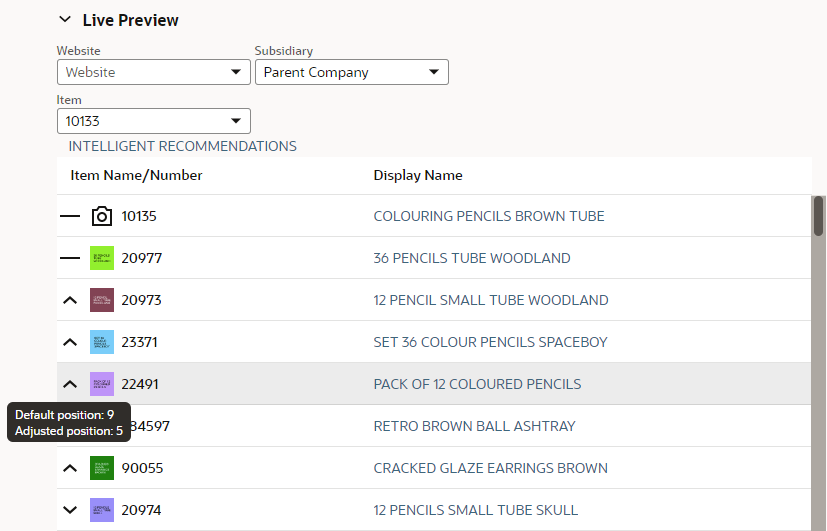 Live preview of intelligent recommendations for selected shopper; shows default and adjusted positions