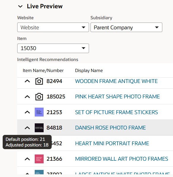 Intelligent Recommendations Live Preview window shoping the default position and adjusted position of an item.