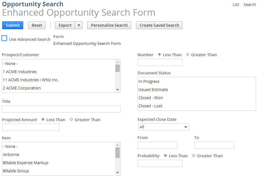 Screenshot of the Opportunity Search page in the Enhanced Sales Center.