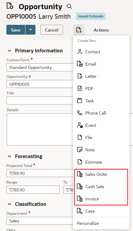 Screenshot of the Create New list on the opportunity record, specifically the Sales Order, Cash Sale, and Invoice options.