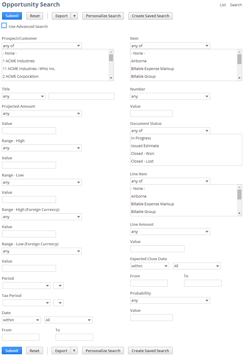 Screenshot of the Opportunity Search page in the standard Sales Center.