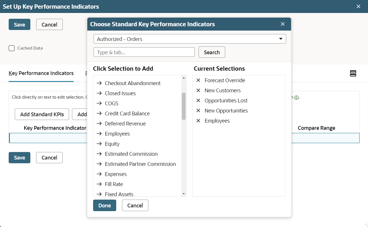 Screenshot of the popup window in which you choose standard KPI indicators.