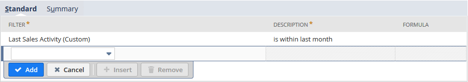 A portion of standard search critiera, specifically adding the Last Sales Activity (Custom) filter.