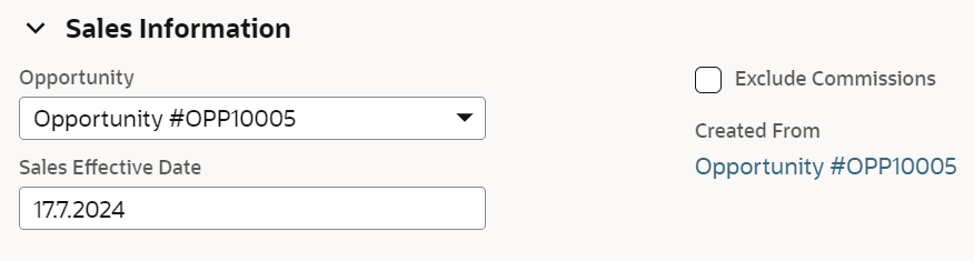 Screenshot of the Opportunity field in the Sales Information section of the opportunity record.