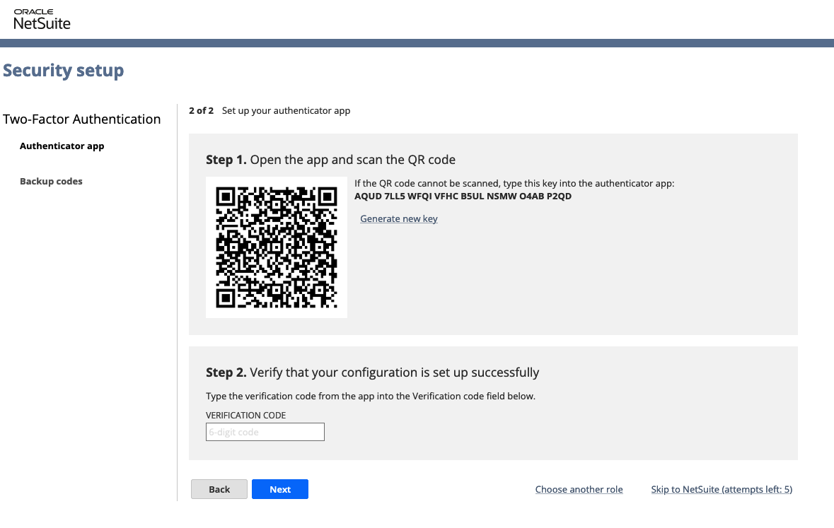 Security setup for the authenticator app on the 2FA page.