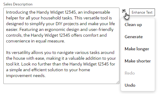 Example of using the Enhance Text menu on the Sales Description field of an inventory item record.