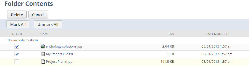 Folder Contents page with a few files marked for deletion.