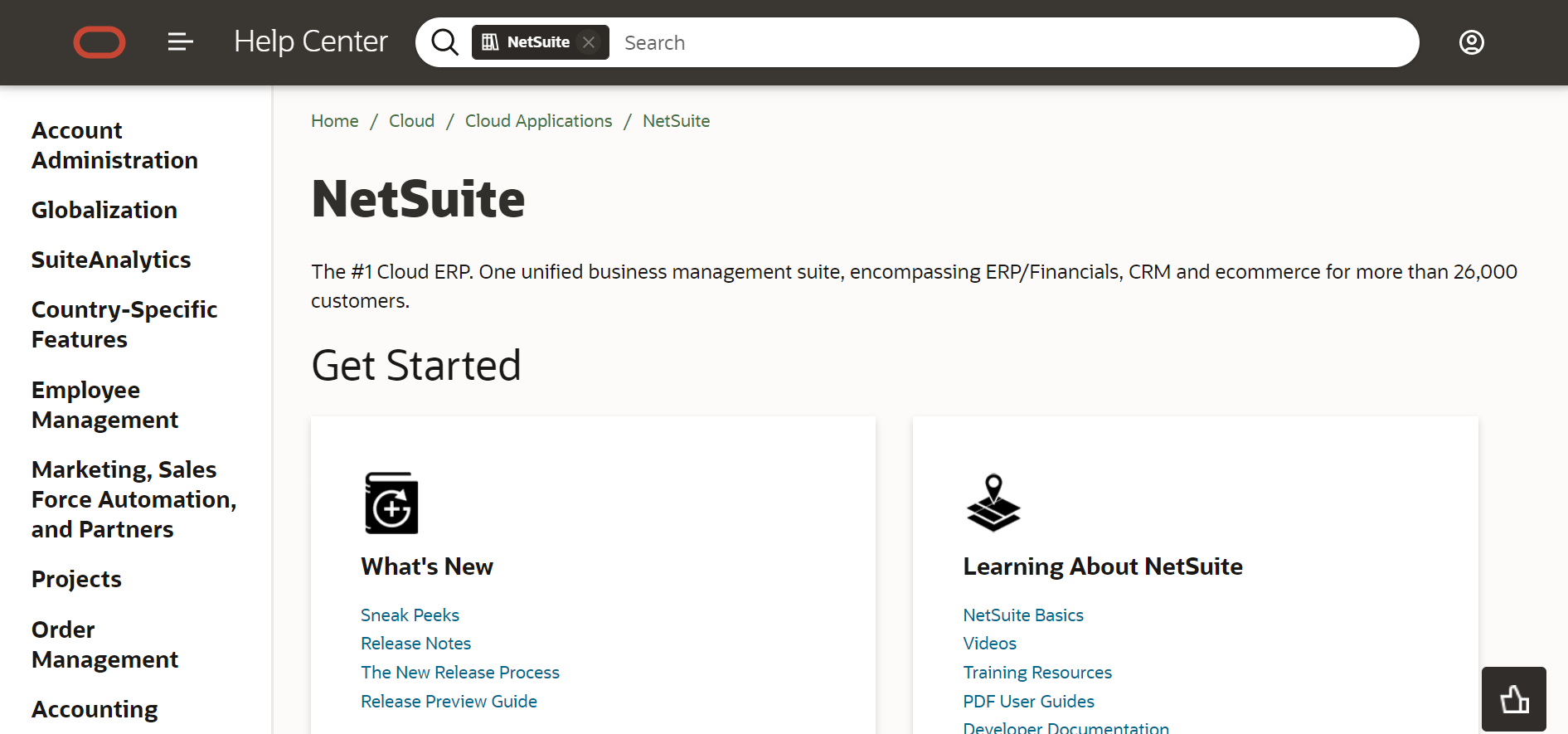 Oracle Help Center landing page for NetSuite.