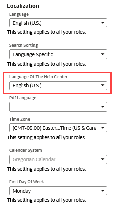 Language of the Help Center field on the General subtab.