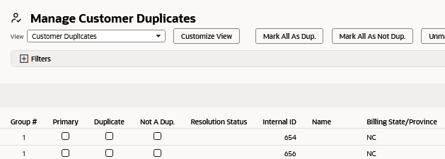 Manage Customer Duplicates page