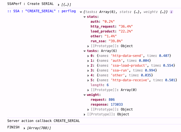 An example of server-side action logs in the console.