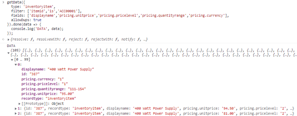 An example of data returned by getData() using the allowDups parameter set to true.
