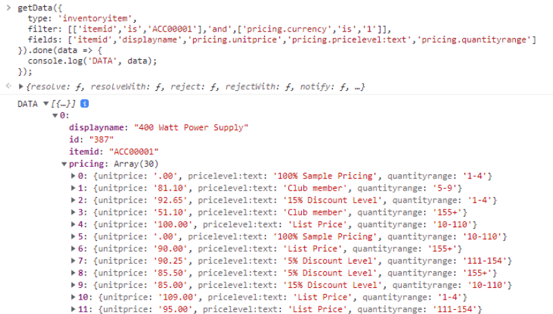 An example of data returned by getData() using joined fields in the filter parameter.
