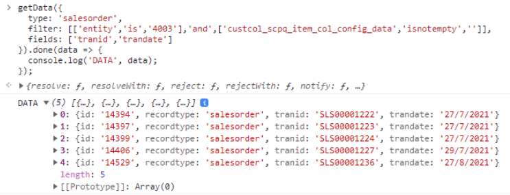 An example of data returned by getData() using sublist fields in the filter parameter.