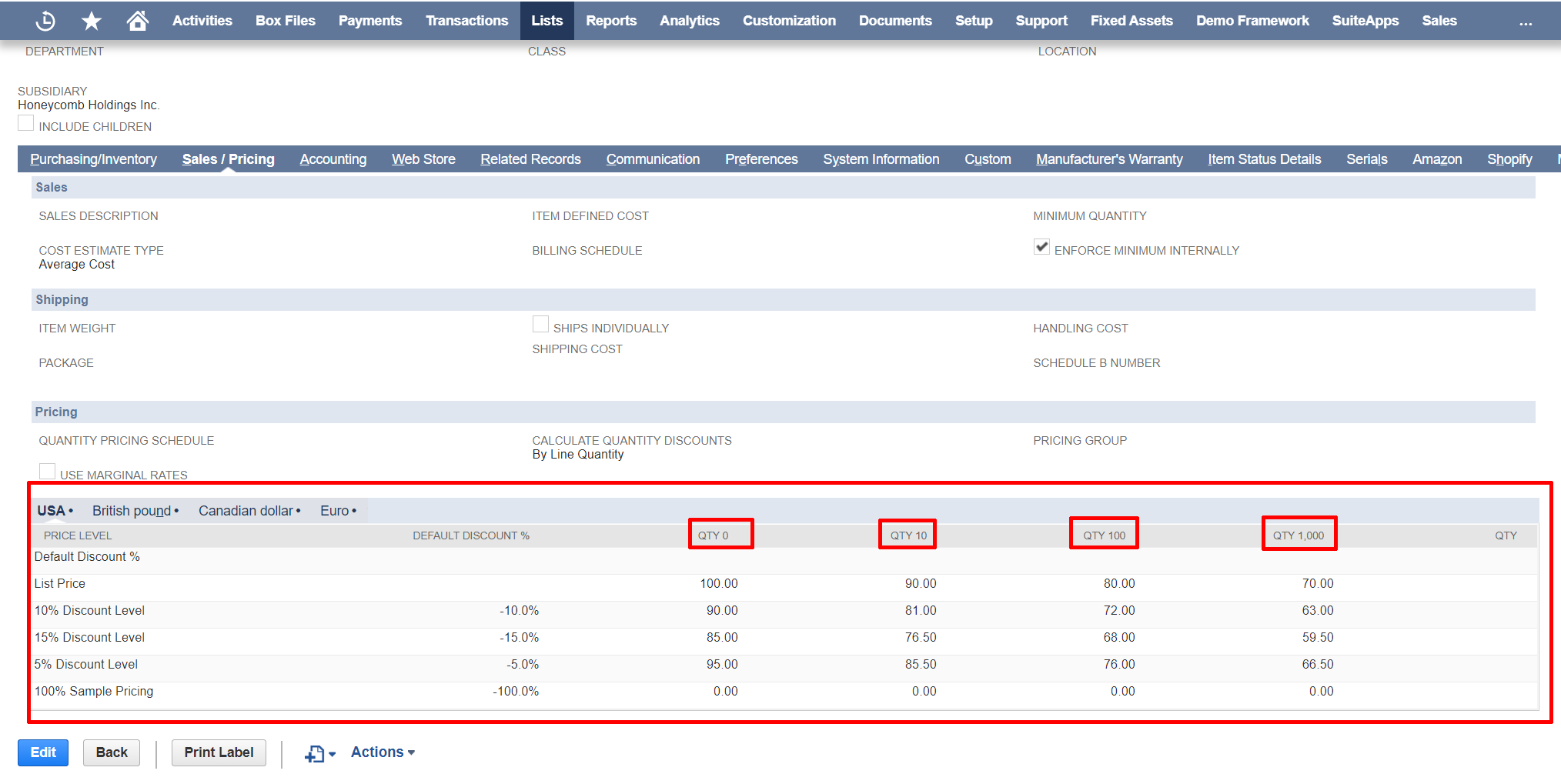 Quantity based pricing