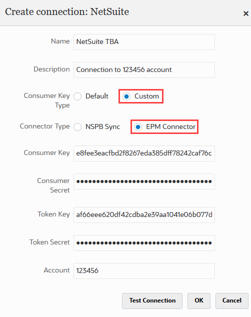 The Custom and EPM Connector connection configurations for Close Management and Consolidation Sync.