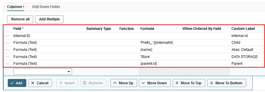 Columns subtab showing five columns to be added