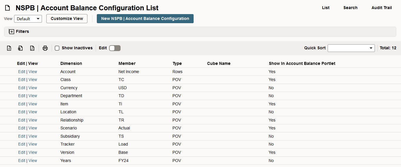 Account Balance Configuration List showing the custom record types setup