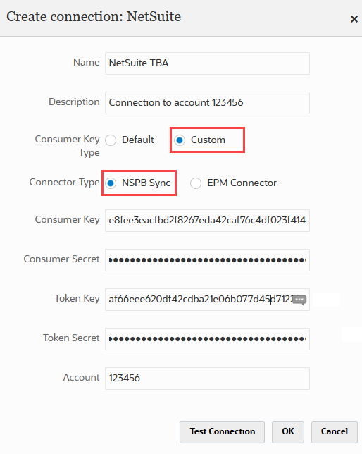 The connection configurations for the Custom consumer key types.