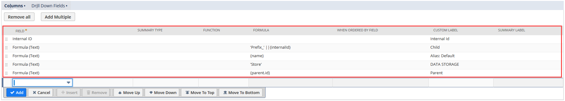 Columns subtab showing five columns to be added