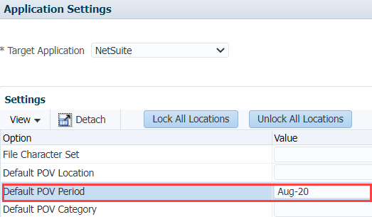 A portion of the Application Settings page in Data Management with the Default POV Period setting outlined in red.