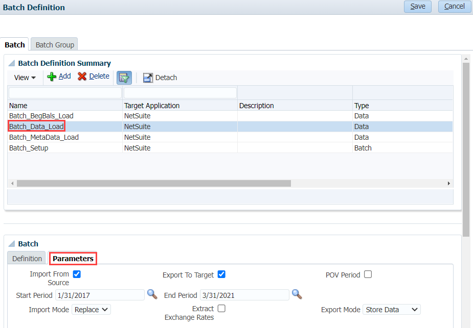 A portion of the Batch Definition page in Data Management with Batch_Data_Load and the Parameter tab outlined in red.