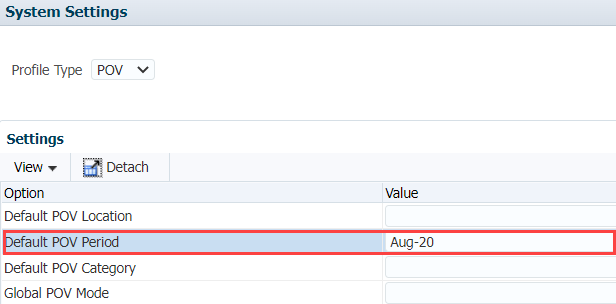 A portion of the System Settings page in Data Management with the Default POV Period setting outlined in red.