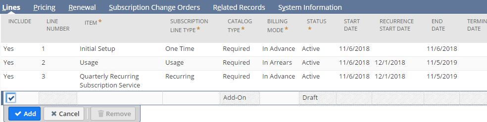 Lines subtab showing new add-on line.