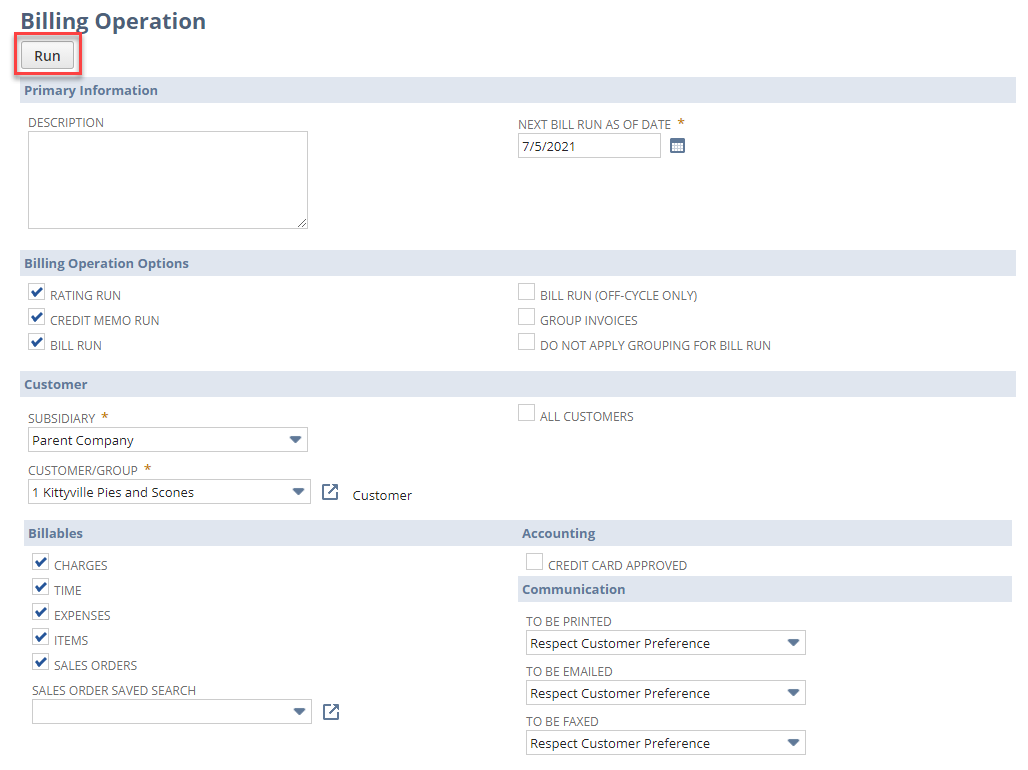 Billing Operation page showing location of the Run button.