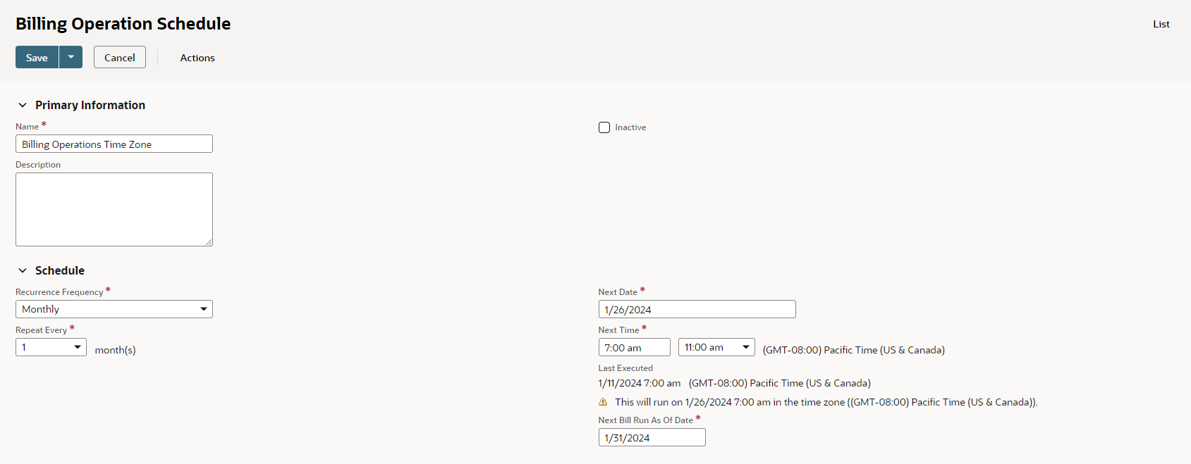 Screenshot of Billing Operation Schedule page with Time Zone fields filled