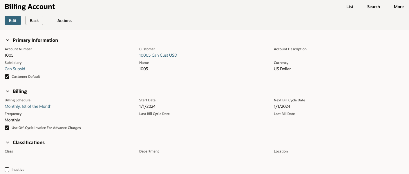 Example completed billing account record