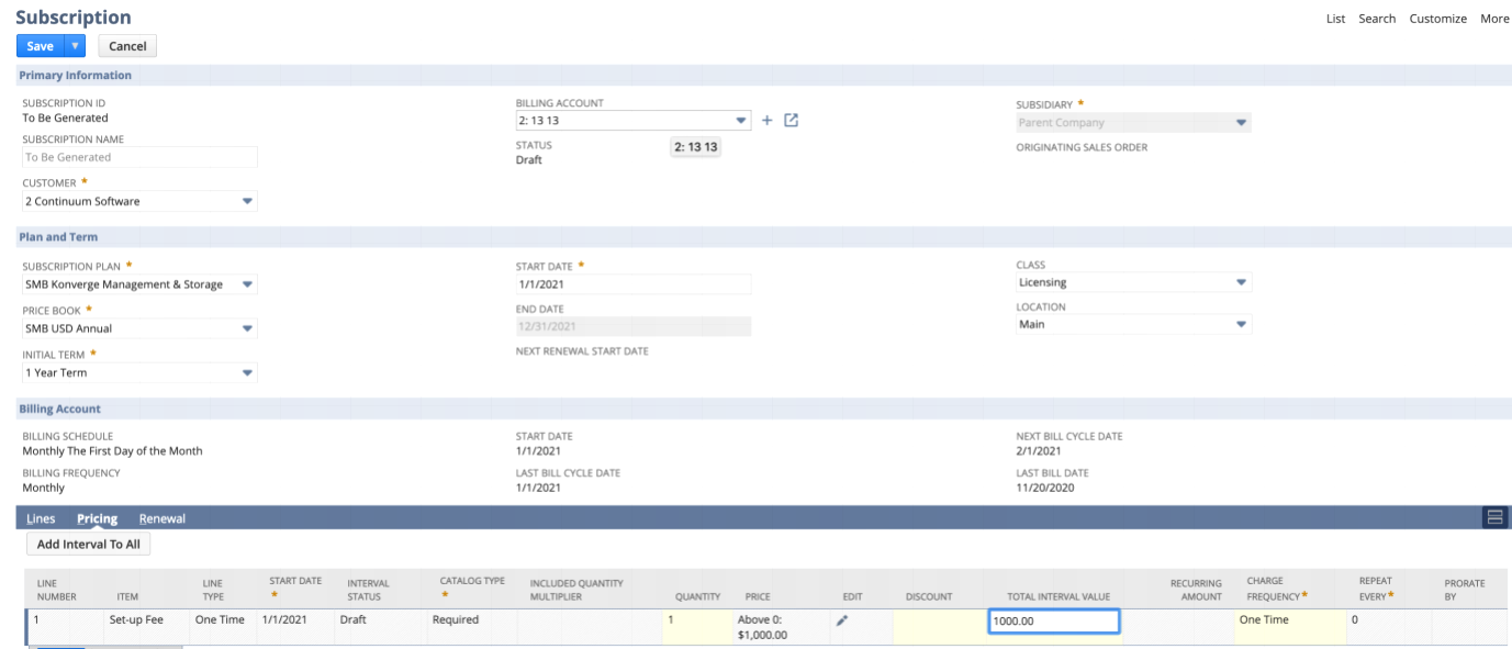 Subscription page with Total Interval Value highlighted on the subscription line.