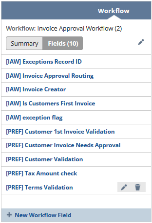 Screenshot showing a list of exception criteria ion the Workflow subtab