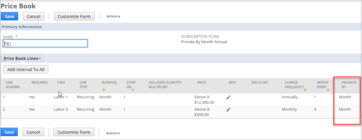 Example price book record with Prorate By column highlighted