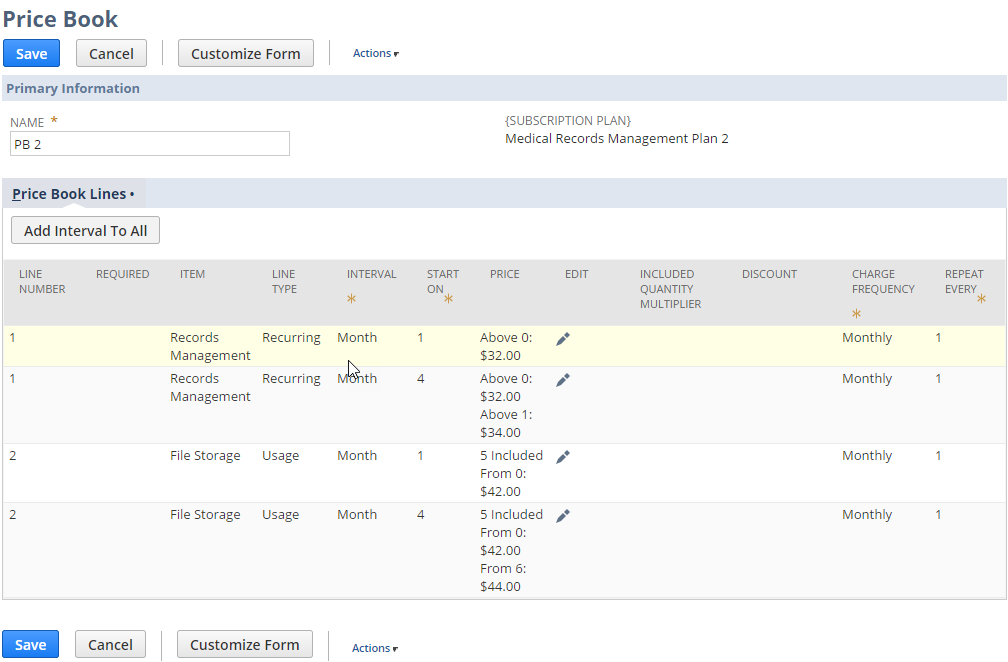 Example price book record