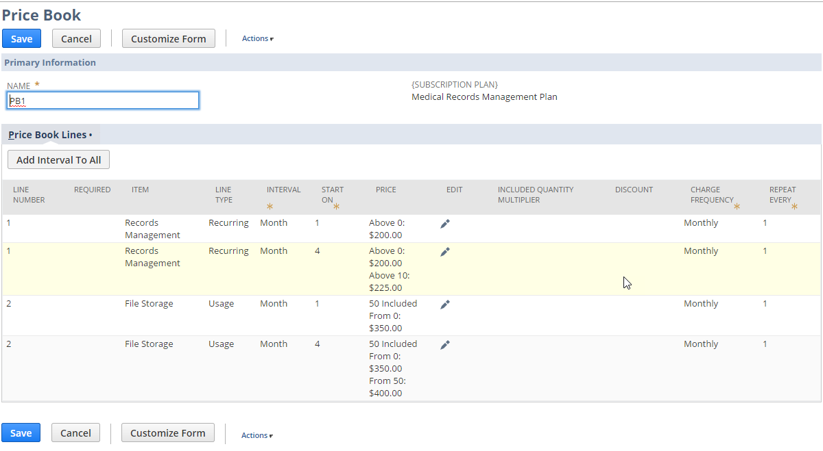 Example price book record that includes time-based pricing intervals