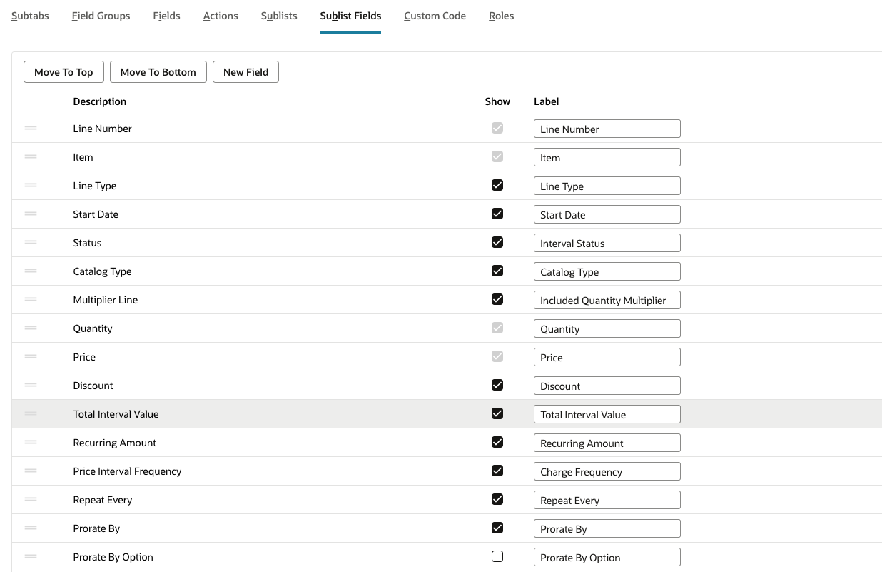 Pricing tab showing the list of customizable options.