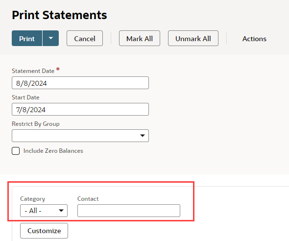 Print Statements page showing location of Filters fields