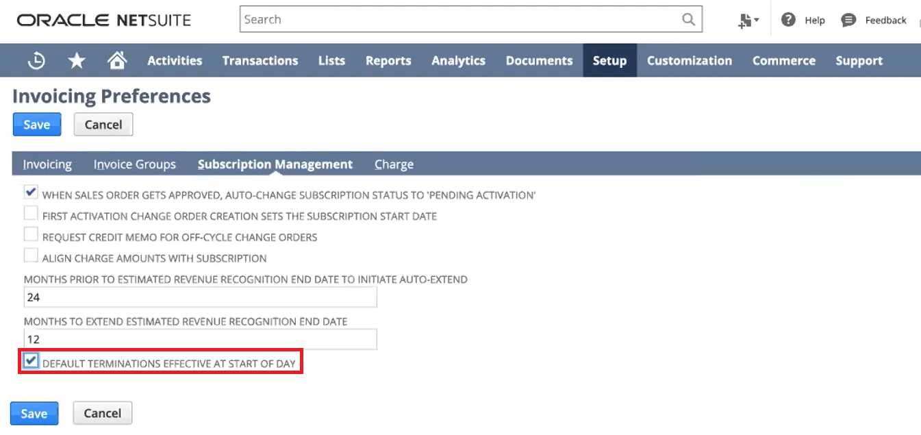 Invoicing Preferences page, showing location of Default Terminations Effective at Start of Day preference.