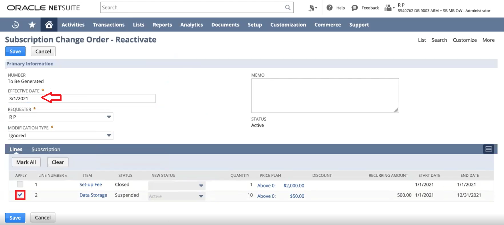 Subscription Change Order - Reactivate record.