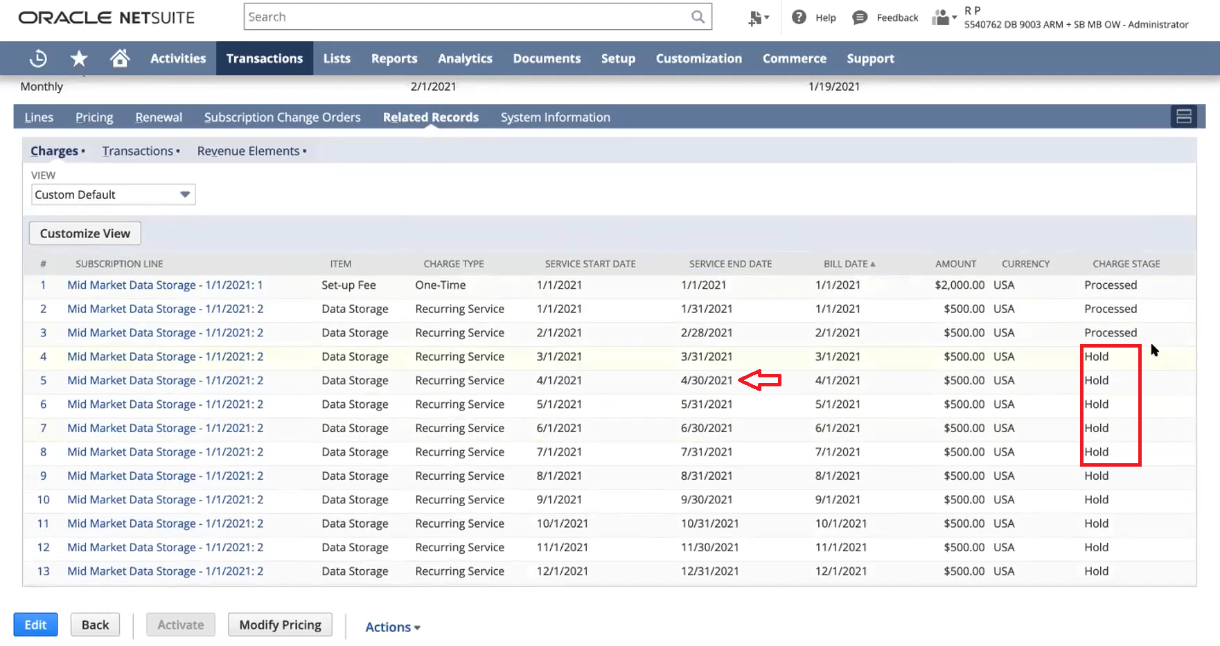 Related records with on hold status shown.